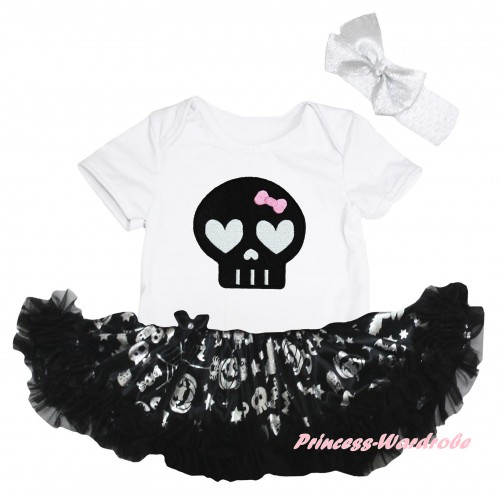 Halloween White Baby Bodysuit Silver Pumpkins Pettiskirt & Black Skeleton Print JS6750