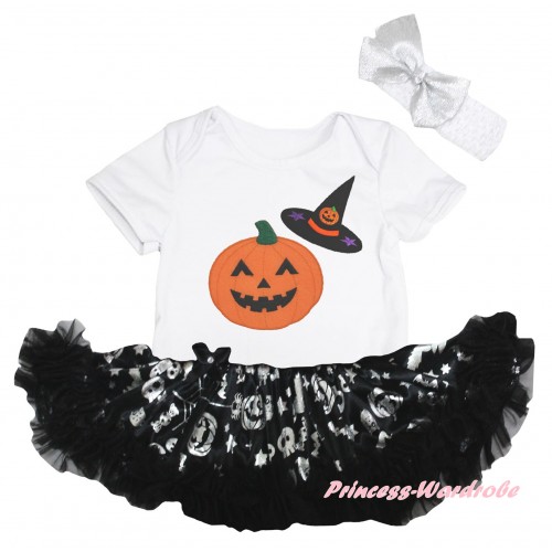 Halloween White Baby Bodysuit Silver Pumpkins Pettiskirt & Pumpkins Hat Print JS6751