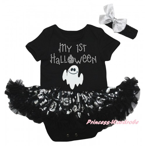 Halloween Black Baby Bodysuit Silver Pumpkins Pettiskirt & Sparkle Rhinestone My 1st Halloween Ghost Print JS6755