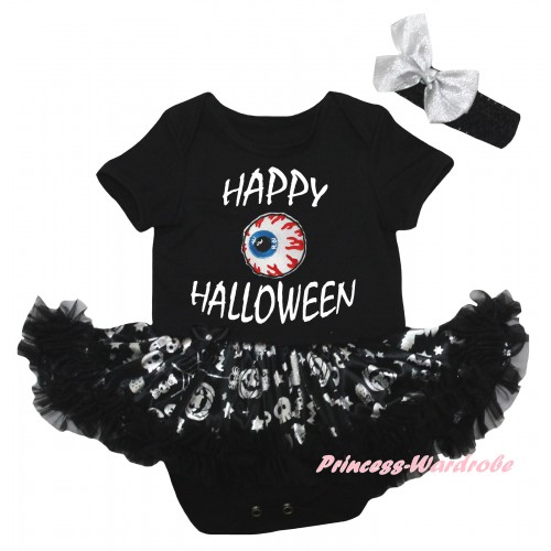 Halloween Black Baby Bodysuit Silver Pumpkins Pettiskirt & Happy Halloween Print JS6756