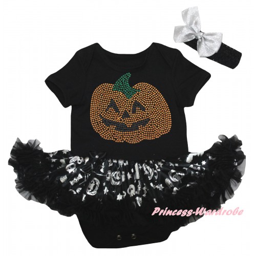 Halloween Black Baby Bodysuit Silver Pumpkins Pettiskirt & Sparkle Rhinestone Halloween Pumpkins Print JS6757