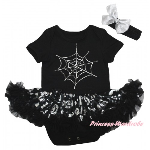 Halloween Black Baby Bodysuit Silver Pumpkins Pettiskirt & Sparkle Rhinestone Spider Web Print JS6758