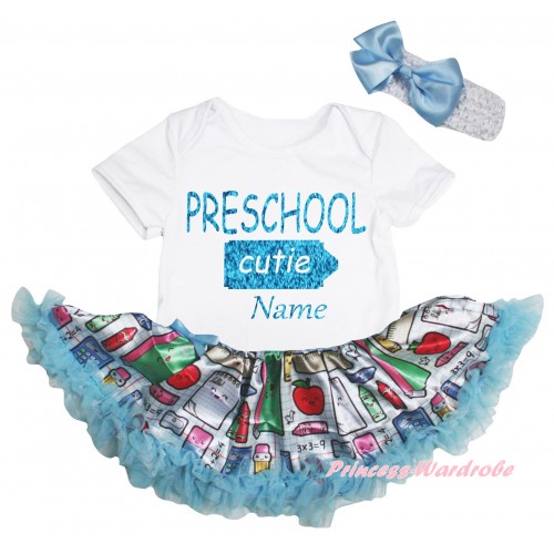 Personalized Custom White Baby Bodysuit Light Blue Stationery Pettiskirt & Preschool Cutie Baby's Name Painting JS6764