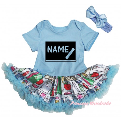 Personalized Custom Light Blue Baby Bodysuit Light Blue Stationery Pettiskirt & Blackboard Baby's Name Painting JS6770
