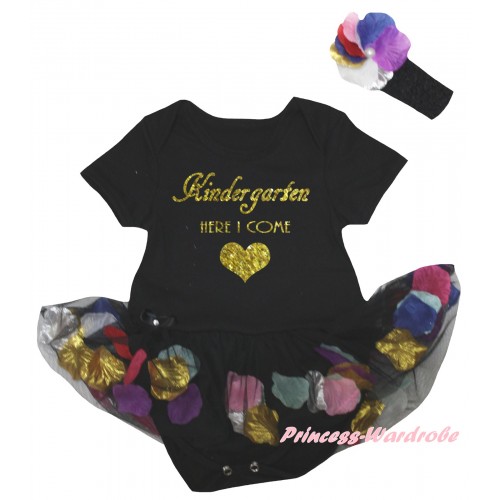Black Baby Bodysuit Black Petals Flowers Pettiskirt & Kindergarten Here I Come Painting JS6790