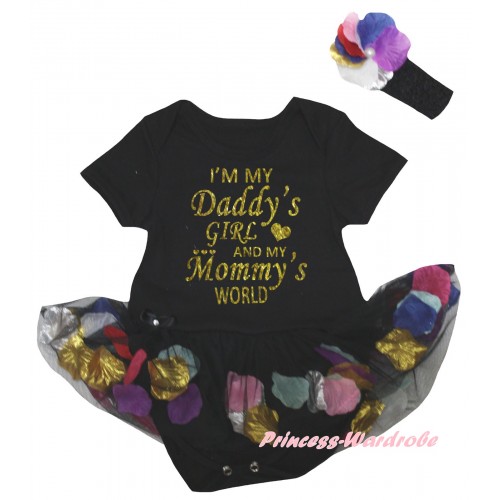 Father's Day Black Baby Bodysuit Black Petals Flowers Pettiskirt & I'm My Daddy's Girl And My Mommy's World Painting JS6794