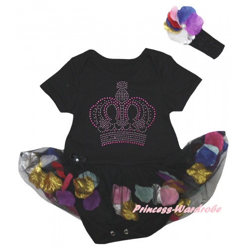 Black Baby Bodysuit Black Petals Flowers Pettiskirt & Sparkle Rhinestone Crown Print JS6796