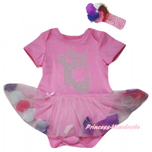 Light Pink Baby Bodysuit Light Pink Petals Flowers Pettiskirt & Sparkle Rhinestone Ballet Shoes Print JS6818