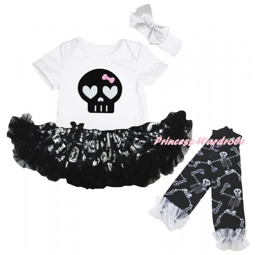Halloween White Baby Bodysuit Silver Pumpkins Pettiskirt & Black Skeleton Print & Warmers Leggings JS6827