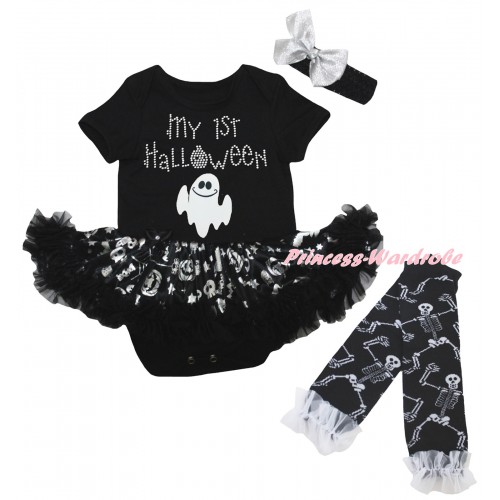 Halloween Black Baby Bodysuit Silver Pumpkins Pettiskirt & Sparkle Rhinestone My 1st Halloween Ghost Print & Warmers Leggings JS6829