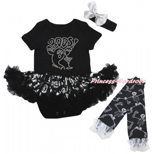 Halloween Black Baby Bodysuit Silver Pumpkins Pettiskirt & Sparkle Rhinestone BOOS! Print & Warmers Leggings JS6830