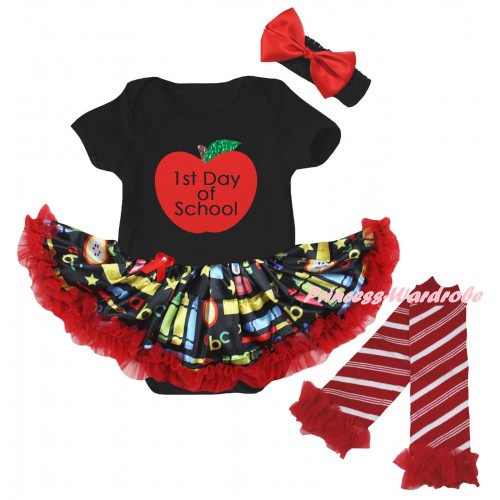 Black Baby Bodysuit Red Stationery Pettiskirt & 1st Day Of School Painting & Warmers Leggings JS6831