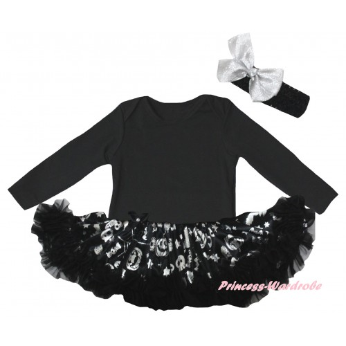 Halloween Black Long Sleeve Baby Bodysuit Silver Pumpkins Pettiskirt JS6845