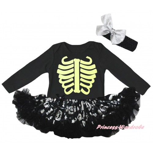 Halloween Black Long Sleeve Baby Bodysuit Silver Pumpkins Pettiskirt & Noctilucous Skeleton Painting JS6846