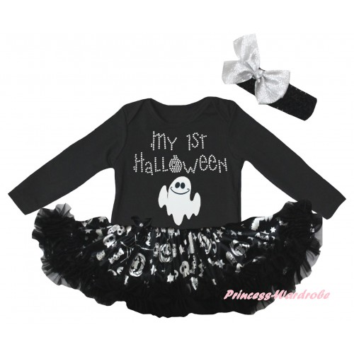 Halloween Black Long Sleeve Baby Bodysuit Silver Pumpkins Pettiskirt & Sparkle Rhinestone My 1st Halloween Ghost Print JS6847