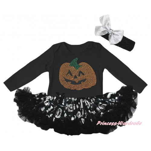 Halloween Black Long Sleeve Baby Bodysuit Silver Pumpkins Pettiskirt & Sparkle Rhinestone Halloween Pumpkins Print JS6849