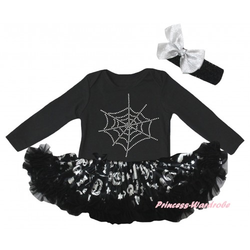 Halloween Black Long Sleeve Baby Bodysuit Silver Pumpkins Pettiskirt & Sparkle Rhinestone Spider Web Print JS6850