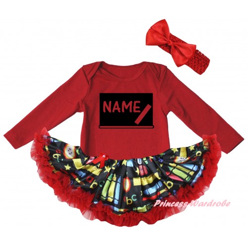 Personalized Custom Red Long Sleeve Baby Bodysuit Red Stationery Pettiskirt & Blackboard Baby's Name Painting JS6869