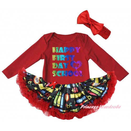 Red Long Sleeve Baby Bodysuit Red Stationery Pettiskirt & Happy First Day Of School Painting JS6870