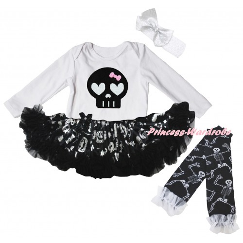 Halloween White Long Sleeve Baby Bodysuit Silver Pumpkins Pettiskirt & Black Skeleton Print & Warmers Leggings JS6872