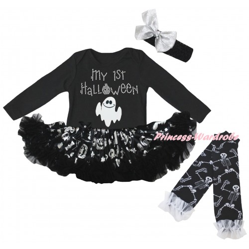 Halloween Black Long Sleeve Baby Bodysuit Silver Pumpkins Pettiskirt & Sparkle Rhinestone My 1st Halloween Ghost Print & Warmers Leggings JS6874