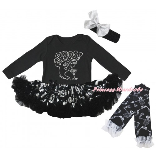 Halloween Black Long Sleeve Baby Bodysuit Silver Pumpkins Pettiskirt & Sparkle Rhinestone BOOS! Print & Warmers Leggings JS6875