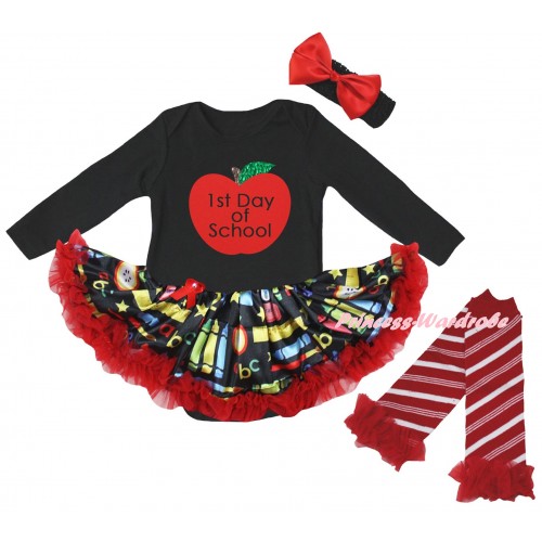 Black Long Sleeve Baby Bodysuit Red Stationery Pettiskirt & 1st Day Of School Painting & Warmers Leggings JS6876
