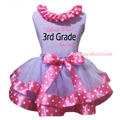 Lavender Pettitop Pink White Dots Lacing & Look Out 3rd Grade Here I Come Painting & Lavender Pink White Dots Trimmed Pettiskirt MG3152