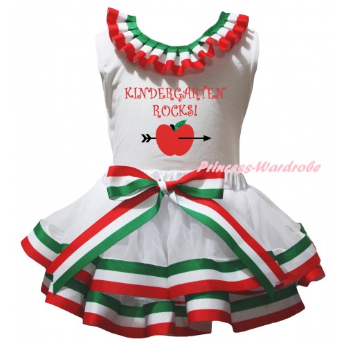 White Pettitop Red White Green Lacing & Kindergarten Rocks Painting & Red White Green Striped Trimmed Pettiskirt MG3172