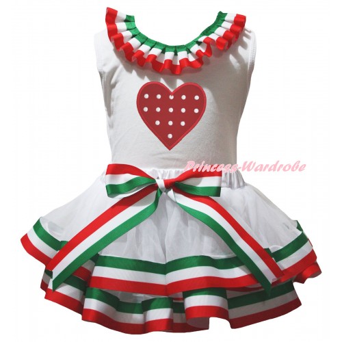 White Pettitop Red White Green Lacing & Red White Dots Heart Print & Red White Green Striped Trimmed Pettiskirt MG3174