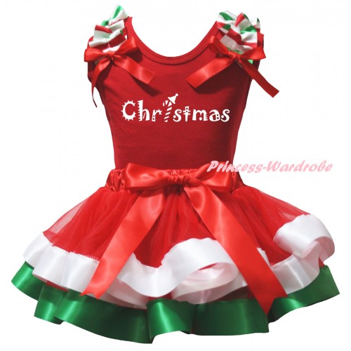 Red Pettitop Red White Green Ruffles Red Bows & Christmas Painting & Red White Green Trimmed Pettiskirt MG3179