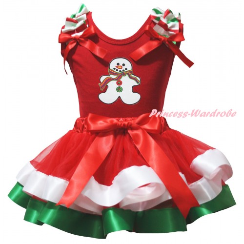 Christmas Red Pettitop Red White Green Ruffles Red Bows & Christmas Gingerbread Snowman Print & Red White Green Trimmed Pettiskirt MG3180