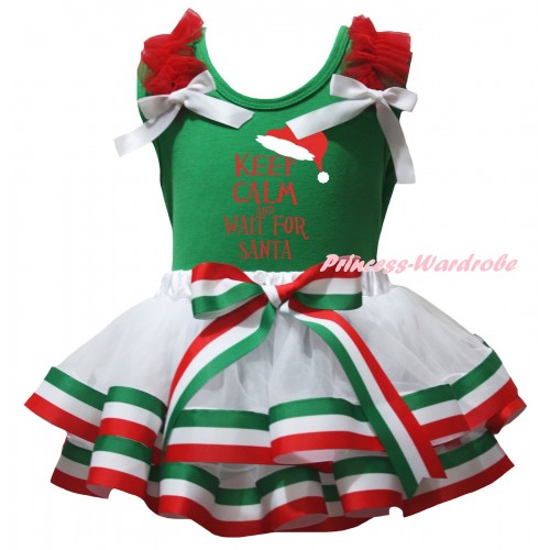 Christmas Green Baby Pettitop Red Ruffles White Bows & KEEP CALM AND WAIT FOR SANTA Painting & Red White Green Striped Trimmed Newborn Pettiskirt NG2588