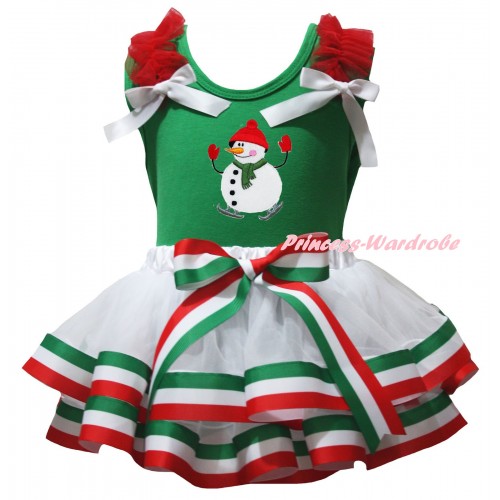 Green Baby Pettitop Red Ruffles White Bows & Ice-Skating Snowman Print & Red White Green Striped Trimmed Newborn Pettiskirt NG2590