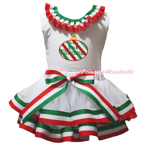 White Baby Pettitop Red White Green Lacing & My 1st Christmas Print & Red White Green Striped Trimmed Newborn Pettiskirt NG2597