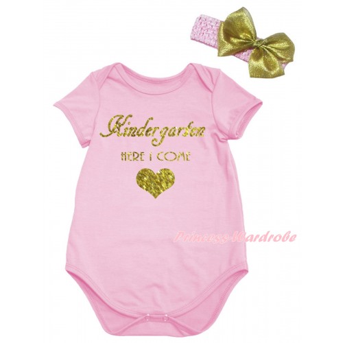 Light Pink Baby Jumpsuit & Kindergarten Here I Come Painting & Light Pink Headband Gold Bow TH1052