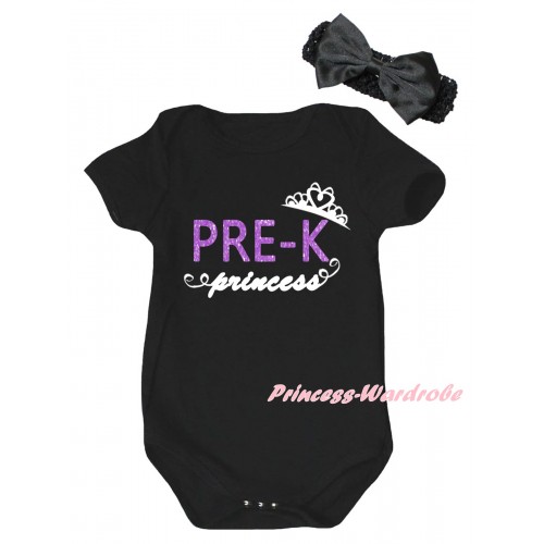 Black Baby Jumpsuit & PRE-K Princess Painting & Black Headband Bow TH1055