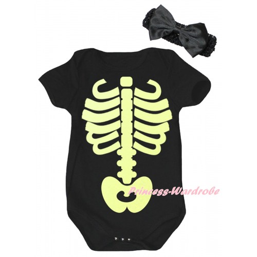 Halloween Black Baby Jumpsuit & Noctilucous Skeleton Painting & Black Headband Bow TH1058