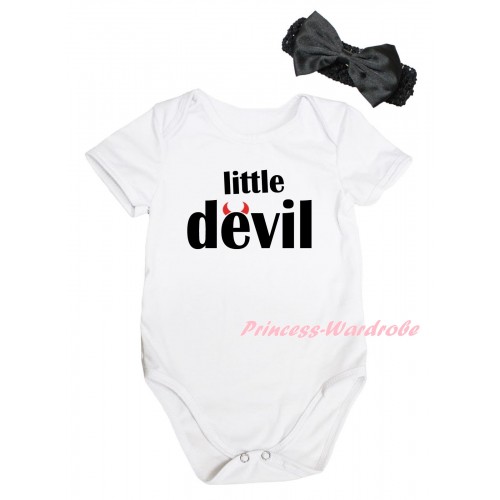 Halloween White Baby Jumpsuit & Little Devil Painting & Black Headband Bow TH1060