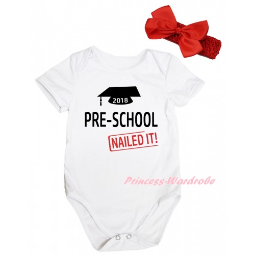 White Baby Jumpsuit & 2018 Preschool Nailed It Painting & Red Headband Bow TH1066