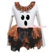 Halloween White Tank Top With Black Pumpkin Lacing & Ghost Face Painting & Orange Black Petal Pettiskirt With Black Bow MG3238