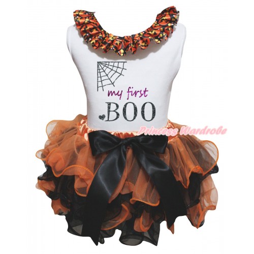 Halloween White Tank Top With Black Pumpkin Lacing & Spider Net My First BOO Painting & Orange Black Petal Pettiskirt With Black Bow MG3242