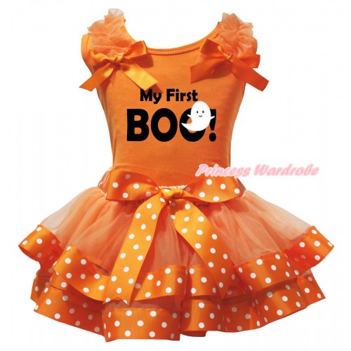 Halloween Orange Baby Pettitop Orange Ruffles Bows & My First Boo! Ghost Painting & Orange White Dots Trimmed Newborn Pettiskirt NG2610