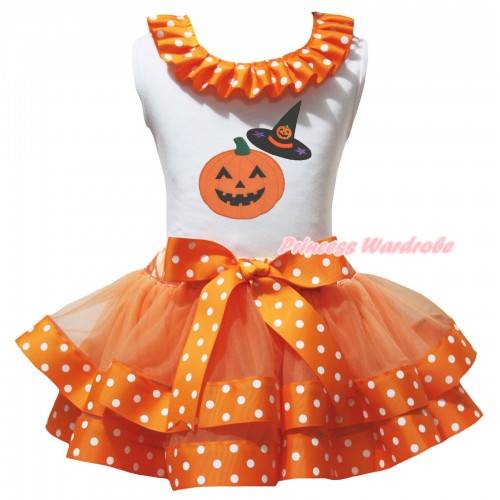 Halloween White Baby Pettitop Orange White Dots Lacing & Pumpkin Witch Hat & Pumpkin Print & Orange White Dots Trimmed Newborn Pettiskirt NG2618