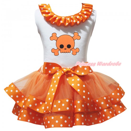 Halloween White Baby Pettitop Orange White Dots Lacing & Orange Skull Print & Orange White Dots Trimmed Newborn Pettiskirt NG2621