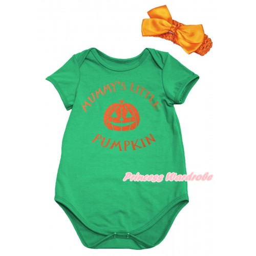 Halloween Green Baby Jumpsuit & Mummy's Little Pumpkin Painting & Orange Headband Orange Bow TH1075