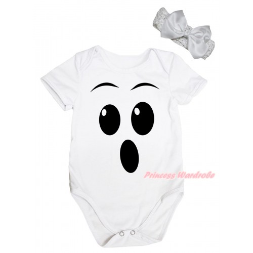 Halloween White Baby Jumpsuit & Ghost Face Painting & White Headband White Bow TH1076