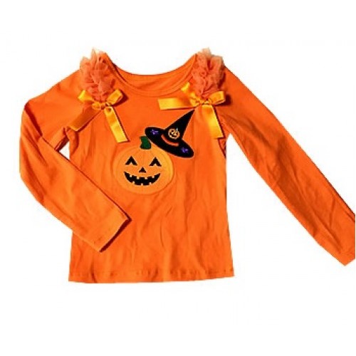 Halloween Orange Long Sleeve Top Ruffles & Bow & Pumpkin Witch Hat & Pumpkin Print TB1497