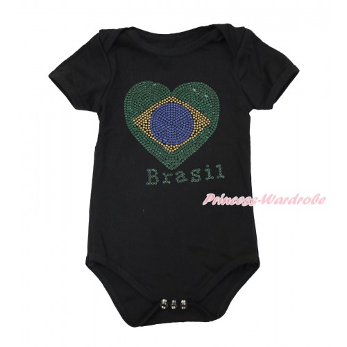 World Cup Black Baby Jumpsuit with Sparkle Crystal Bling Rhinestone Brazil Heart Print TH494