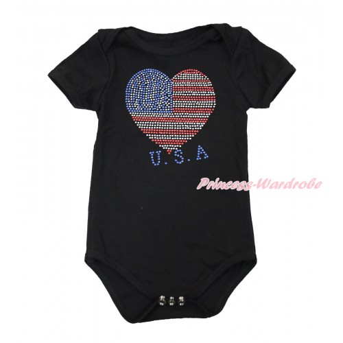 World Cup Black Baby Jumpsuit with Sparkle Crystal Bling Rhinestone USA Heart Print TH496